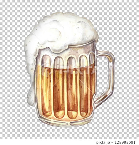 Beer glass mug with beer and foam. Hand-drawn watercolor illustration. Design element highlighted on a white background. For menus, pubs or restaurants, labels or posters. Beer glass mug with beer and foam. Hand-drawn watercolor illustration. Design element highlighted on a white background. For menus, pubs or restaurants, labels or posters. 128998081