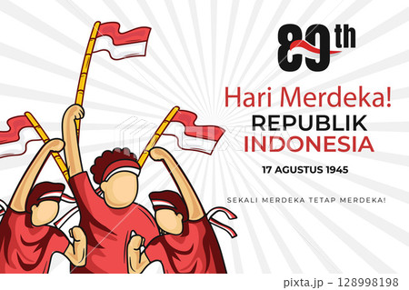 Indonesian Independence Day Celebration with Sunburst and Flags. Vector illustration. Indonesian Independence Day Celebration with Sunburst and Flags. Vector illustration. 128998198