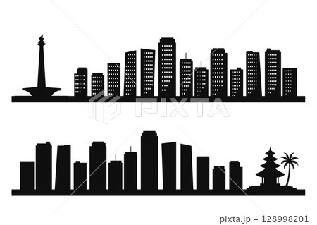 Indonesian Iconic City Skyline Silhouettes with Monas and Temple. Vector illustration. 128998201