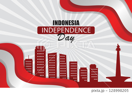 Indonesia Independence Day Banner with Monas and City Skyline. 128998205