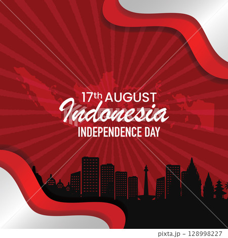 Indonesia Independence Day Greetings with Skyline and Map. Vector illustration. 128998227