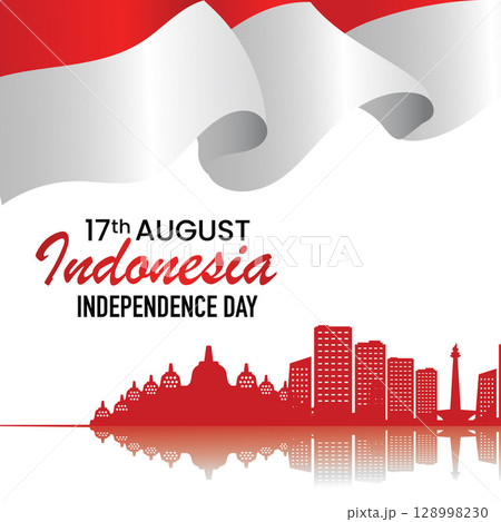 Indonesia Independence Day Banner with Wavy Flag and Landmark Silhouettes. Indonesia Independence Day Banner with Wavy Flag and Landmark Silhouettes. 128998230