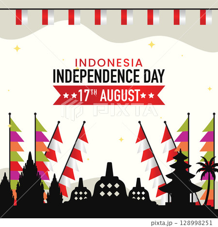 Indonesia Independence Day Design with Wavy Ribbons and Borobudur Silhouettes Indonesia Independence Day Design with Wavy Ribbons and Borobudur Silhouettes 128998251