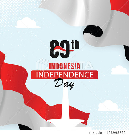 80th Indonesia Independence Day Celebration with Wavy Ribbons and Borobudur Silhouettes. 128998252
