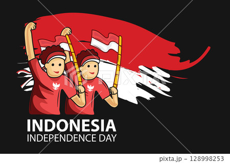 Indonesia Independence Day Celebration Banner with Crowd Holding Flags on Abstract Flag Background Illustration. Indonesia Independence Day Celebration Banner with Crowd Holding Flags on Abstract Flag Background Illustration. 128998253