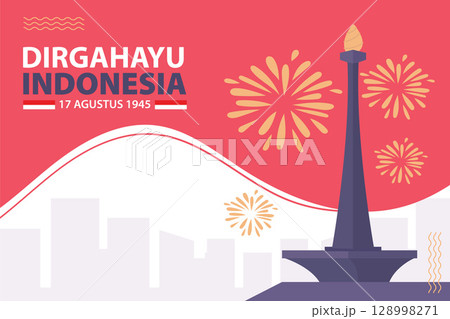 Dirgahayu Republik Indonesia Independence Day, featuring a cityscape, Monas monument, festive fireworks, and red and white colors. 128998271