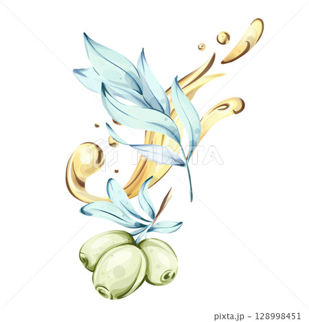 Delicate watercolor illustration of olives and olive oil inspired by Italian cuisine and nature 128998451