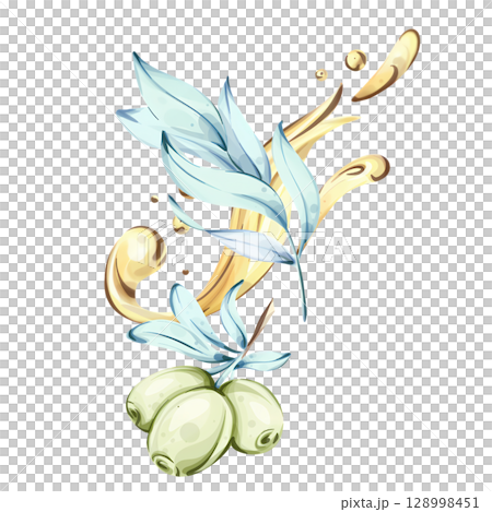 Delicate watercolor illustration of olives and olive oil inspired by Italian cuisine and nature 128998451