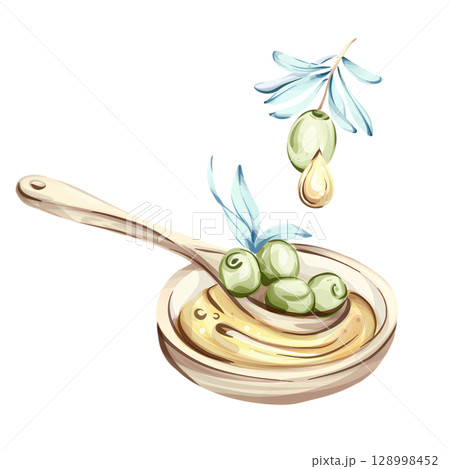 Delightful watercolor illustration of olives and olive oil capturing the essence of Italian cuisine and nature 128998452