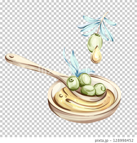 Delightful watercolor illustration of olives and olive oil capturing the essence of Italian cuisine and nature 128998452