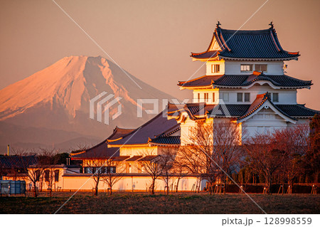 朝焼けに染まる関宿城と富士山 朝焼けに染まる関宿城と富士山 128998559