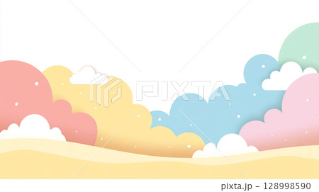 パステル雲と砂丘が広がる可愛い背景イラスト 128998590