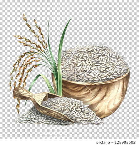 Wooden dishes with rice and rice stalks. Hand-drawn watercolor illustration. Used for menu design, recipes, and cookbooks. Used for banners, flyers, packaging, labels, and more. Wooden dishes with rice and rice stalks. Hand-drawn watercolor illustration. Used for menu design, recipes, and cookbooks. Used for banners, flyers, packaging, labels, and more. 128998602