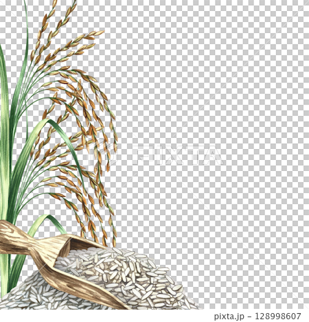 A frame with a wooden spatula filled with rice and rice grains. A hand-drawn watercolor illustration. An element of menu design, recipes, cookbooks, banners, flyers, packaging, labels, and more. 128998607