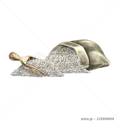 A tipped-over bag of rice and a wooden scoop. Hand-drawn watercolor illustration. Element of menu, recipe, and cookbook design. For banners, flyers, packaging, labels, and more. 128998608