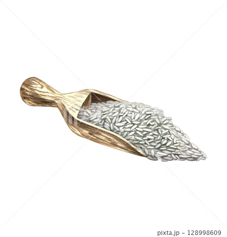 A wooden spatula filled with rice. A hand-drawn watercolor illustration. Design element for menus, recipes, and cookbooks, for banners, flyers, packaging, labels, and more. 128998609
