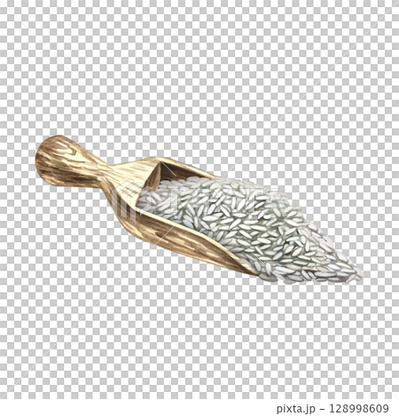 A wooden spatula filled with rice. A hand-drawn watercolor illustration. Design element for menus, recipes, and cookbooks, for banners, flyers, packaging, labels, and more. 128998609