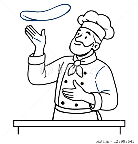 Chef tossing dough in air, showcasing culinary skills and joy.line art illustration 128998643