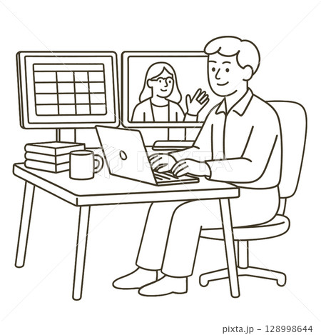Person working at desk with two monitors, engaging in video call.line art illustration 128998644