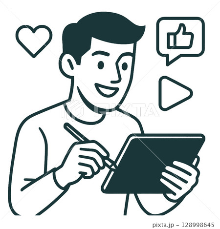 Creating digital art, happy expression, tablet user, social medialine art illustration 128998645