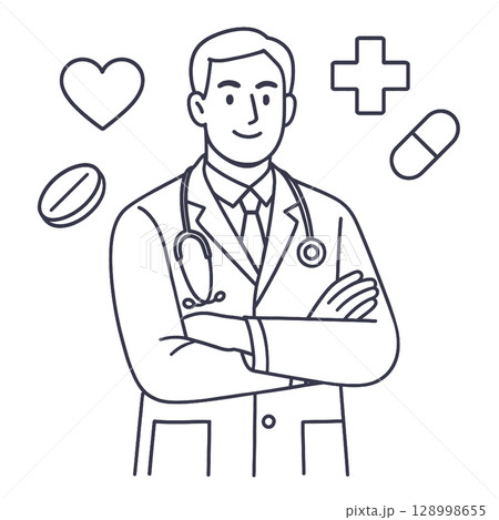 Confident doctor stands with arms crossed, surrounded by health symbols.line art illustration 128998655