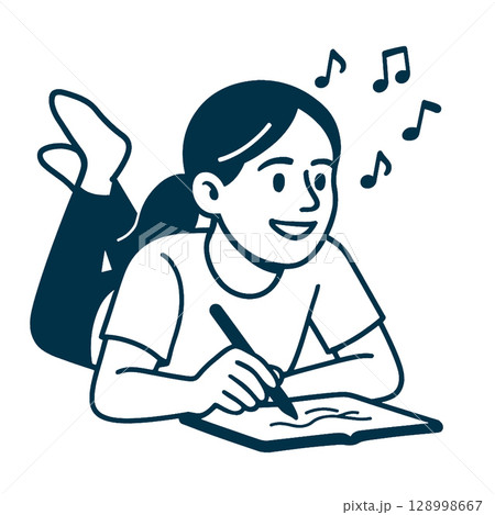 Happy girl writing in notebook while listening to musicline art illustration Happy girl writing in notebook while listening to musicline art illustration 128998667