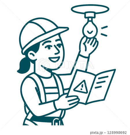 Construction worker reading manual, holding light bulb, smilingline art illustration 128998692