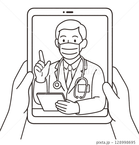 Telehealth consultation with doctor tablet, emphasizing modern healthcare.line art illustration 128998695
