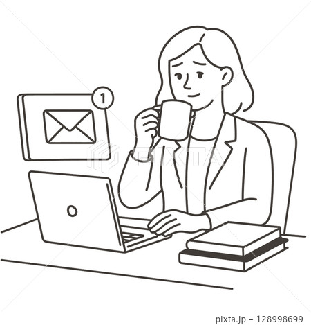 Working professional enjoying coffee while checking email on laptopline art illustration Working professional enjoying coffee while checking email on laptopline art illustration 128998699