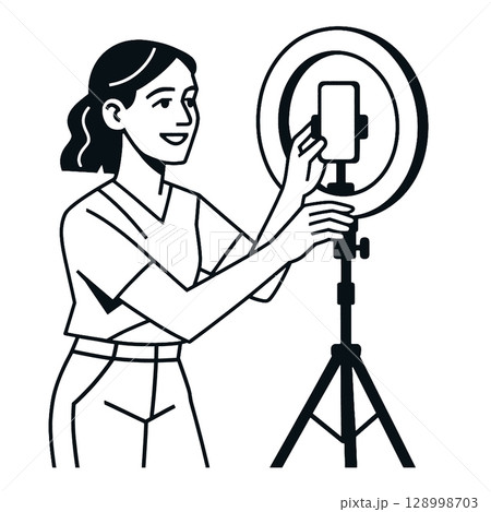 Person adjusting smartphone on ring light for photographyline art illustration 128998703