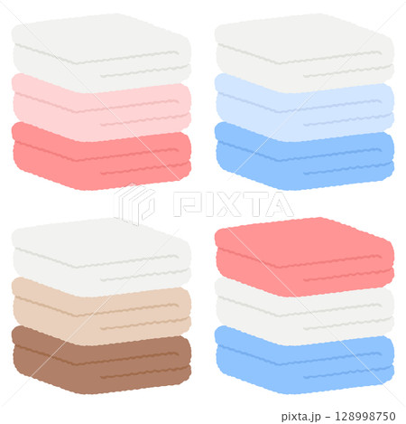 積み重ねられた3色のタオル 4種のカラーバリエーションセット 128998750
