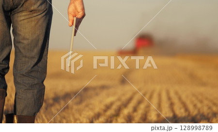 farmer working in wheat field, combine harvester ploughing in wheat field, agriculture tablet, combining traditional and modern methods, robust farming solutions, efficient use of machinery for 128998789