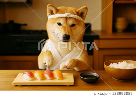 抱き上げられて空を仰ぐ柴犬の赤ちゃん 128998889