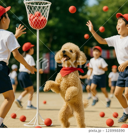 抱き上げられて空を仰ぐ柴犬の赤ちゃん 128998890