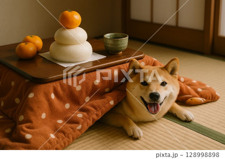 抱き上げられて空を仰ぐ柴犬の赤ちゃん 128998898