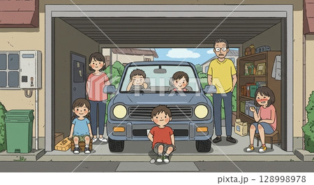 休日のお楽しみ！ガレージで車を整備する家族 128998978