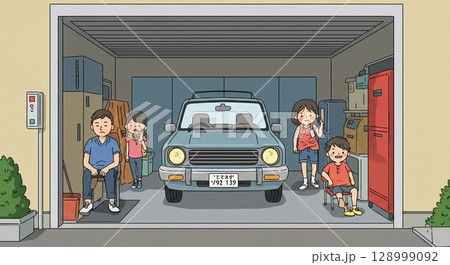 休日を楽しく!ガレージで愛車を囲む家族の笑顔 休日を楽しく!ガレージで愛車を囲む家族の笑顔 128999092