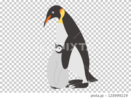 Illustration of emperor penguins and their children cuddling 128999229