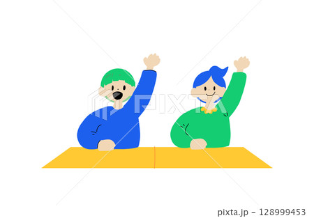 机で手を挙げる子ども達イラスト 128999453
