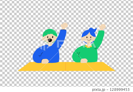 机で手を挙げる子ども達イラスト 128999453