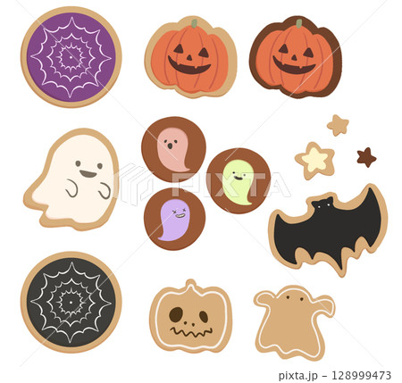 ハロウィンを彩るかわいいクッキーイメージセット｜かぼちゃ、おばけ、こうもり、星、アイシング 128999473