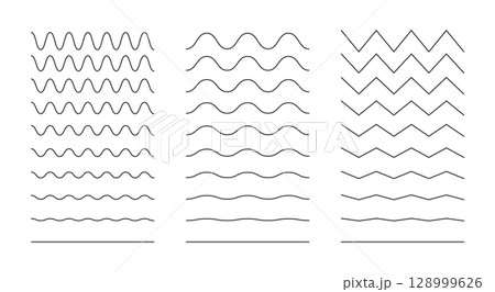 Vector zigzag and wavy horizontal underline. Set of waves line. Wavy lines set. Wave thin line background. Wave ornament pattern. 128999626