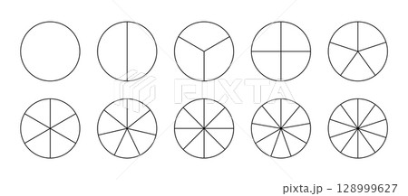 Template of pie chart. Coaching blank. Segmented charts. Sectors divide the circle on equal parts. Parts of diagram wheel from 1 to 10. Outline black graphics. Pie charts, pizza charts set. Segments 128999627