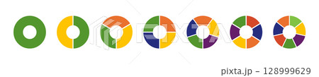 Multicoloured diagrams infographic. Circle section graph. Wheels divided in sections. Multicolored donut charts, pies segmented on from 1 to 7 equal parts. Loading bar mockup. Pie, pizza chart round 128999629