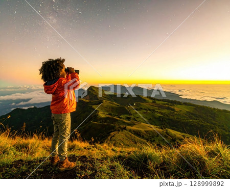 Child Capturing Sunset on Mountain Peak- Generative AI Child Capturing Sunset on Mountain Peak- Generative AI 128999892