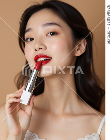 A Touch of Scarlet Elegant Asian Woman Applying...のイラスト素材 [128999926