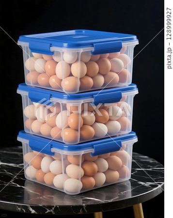 A Tower of Freshness Stacked Clear Bins Brimming with Eggs on a Marble Top. A Tower of Freshness Stacked Clear Bins Brimming with Eggs on a Marble Top. 128999927