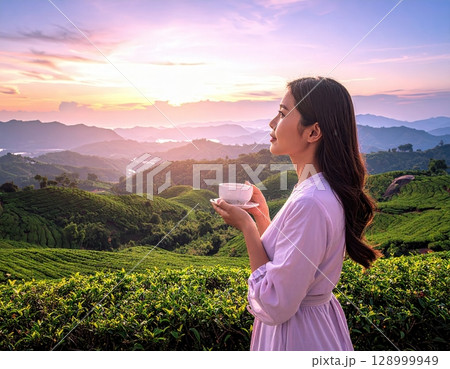 Woman Enjoying Tea at Sunset Over Tea Plantations- Generative AI 128999949