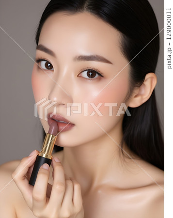 Subtle Sophistication A Womans Direct Gaze While Applying Mauve Lipstick. 129000011
