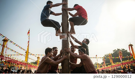 Sunlit Struggle Team of Men Ascending a Wet Pole at a Vibrant Cultural Festival. 129000012